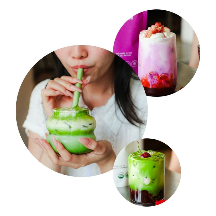 Collage of a person drinking a layered matcha latte made with Matcha Ninja with a straw, surrounded by images of other lattes.